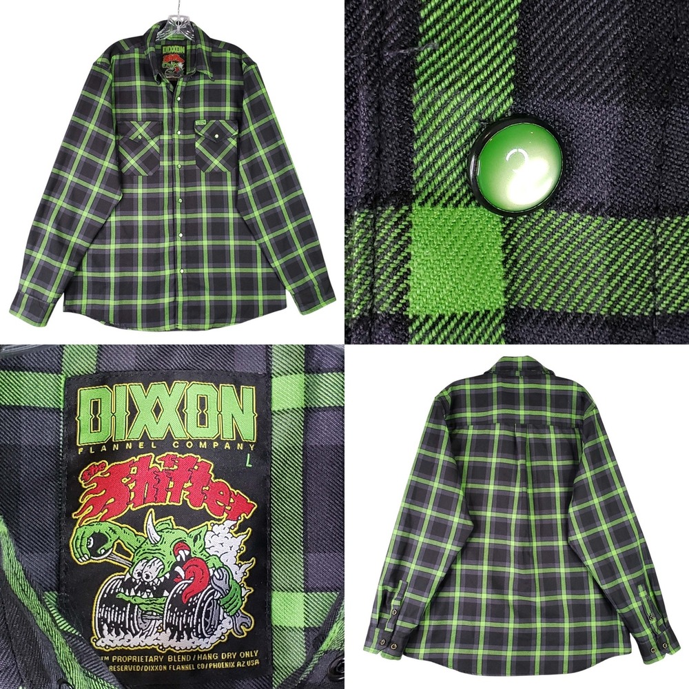 Dixxon Flannel Shirt The Shifter Mens Large Green Black Plaid Pearl Snap